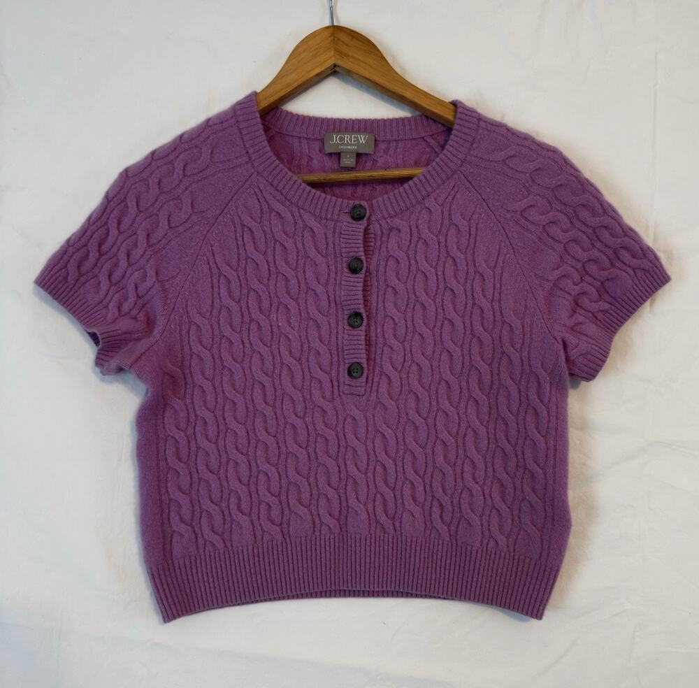 J. Crew Cashmere Sweater Women Lilac Cable Knit Short Sleeve Henley Top Small